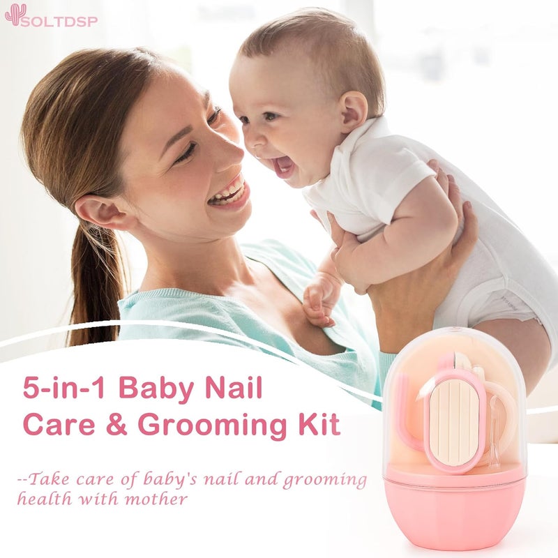 Soltdsp Store طقم أظافر الأطفال 5 في 1 مع حقيبة تخزين، تصميم على شكل صبار يتضمن مقصات أظافر للأطفال، مقص، مبرد أظافر، ملاقط وأداة تنظيف الأنف، أساسيات حديثي الولادة ضرورية لحفلة استقبال المولود (وردي) - Image 2